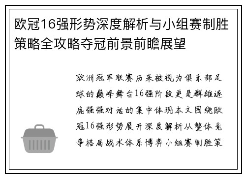 欧冠16强形势深度解析与小组赛制胜策略全攻略夺冠前景前瞻展望